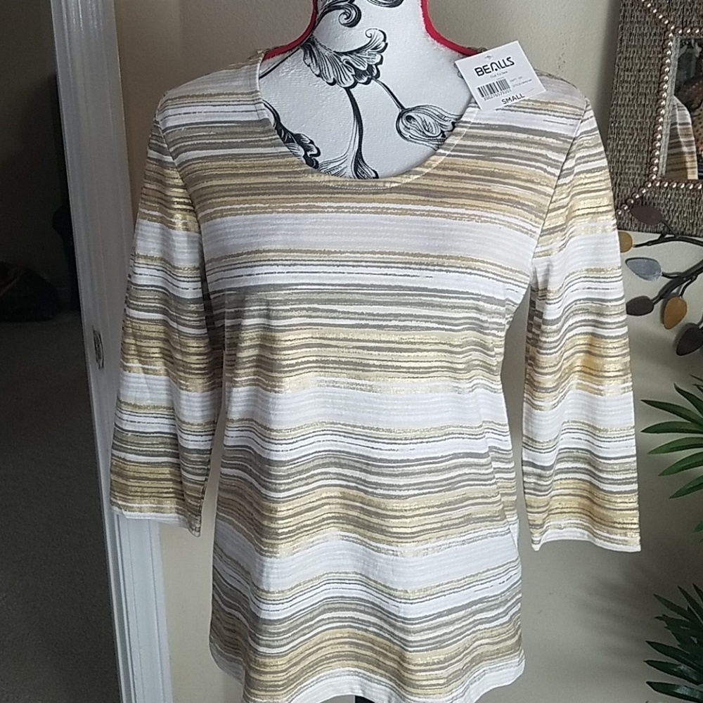 NWT, Coral Bay, gold/white stripe top, Sz S